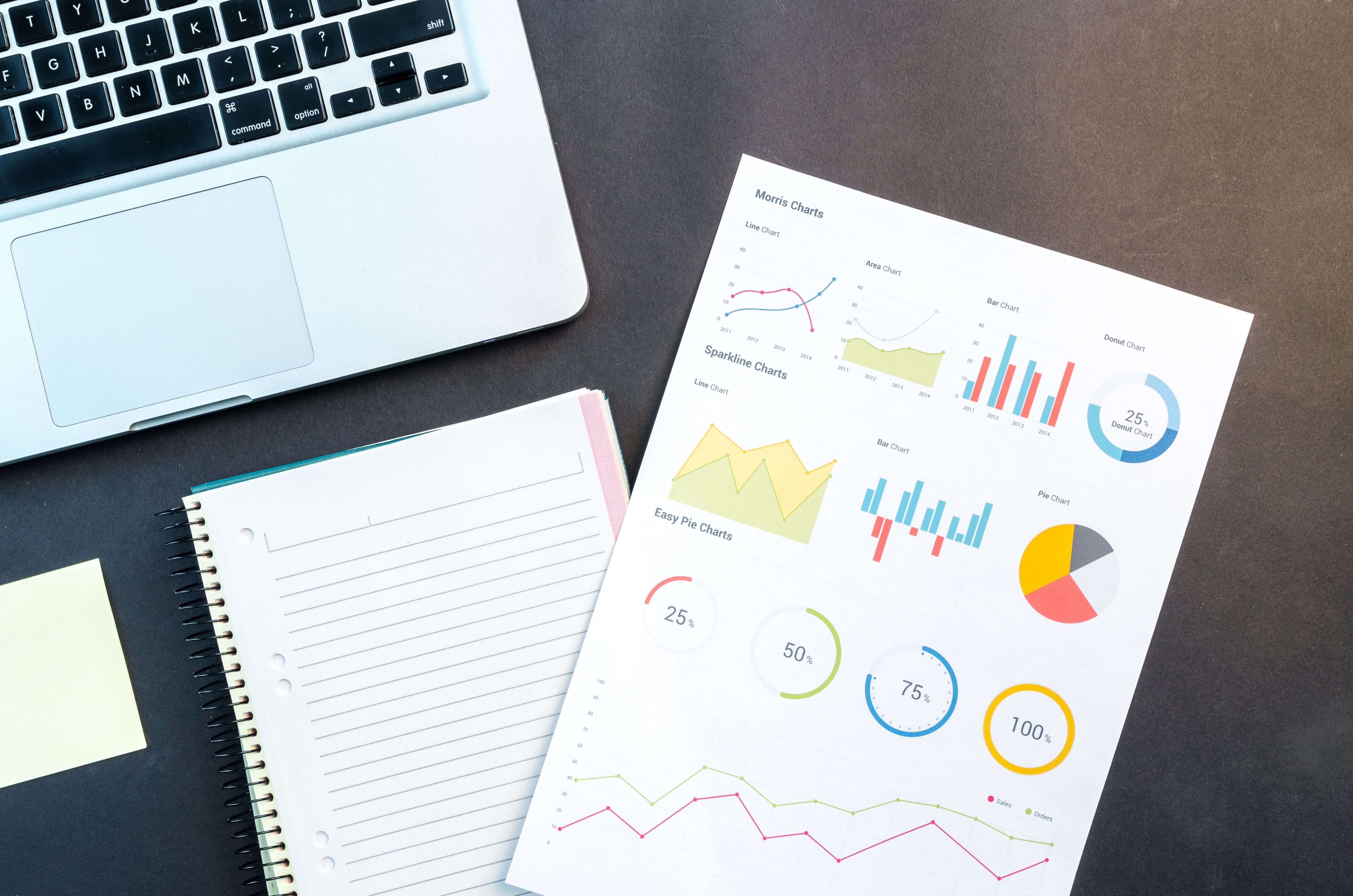 A business report with colorful charts and a laptop on a desk